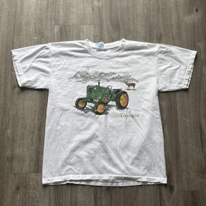 Vintage Gildan Georgia Green Tractor Graphic T-Shirt Mens Large White Cotton